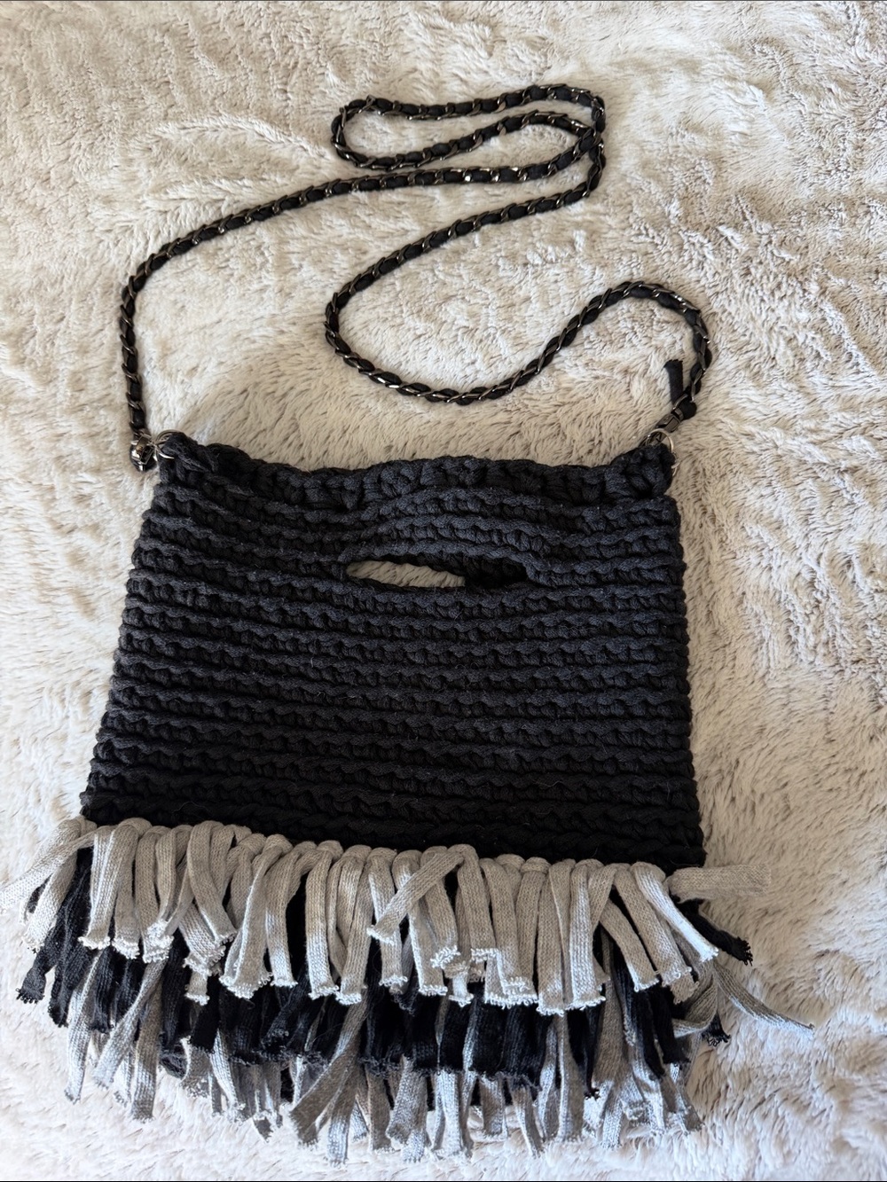 Black handmade Fringe Knit Crossbody Bag